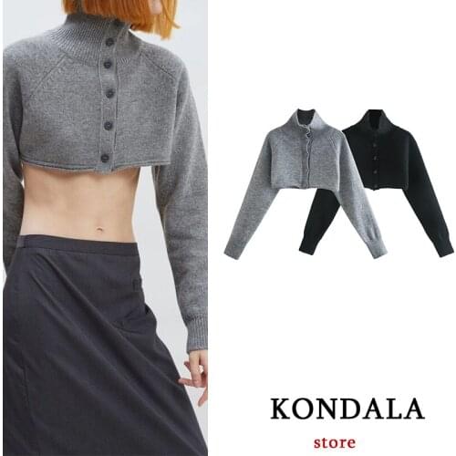 KONDALA Za Fashion Womens Sweater Short Button Turtleneck Solid Knitted Pullovers Long Sleeve Streetwear Sexy Sweaters Sexy Top