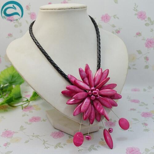 Unique Pearls jewellery Store Perfect Women Gift Purple Freshwater Pearl Handmade Mother Of Shell Flower Necklace Woven Leather