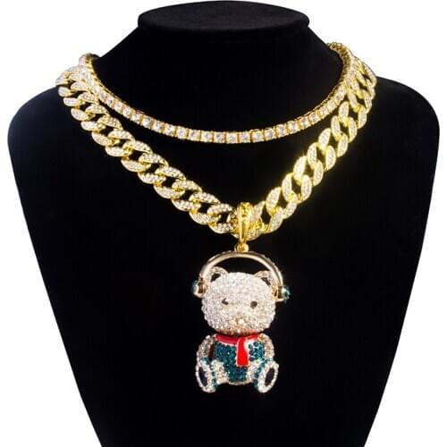 Hip Hop Gold little Bear Pendant Necklace & 18" Full Iced Out CZ Miami Cuban Chain & 1 Row 16" Tennis Chain Men Necklace Jewelry