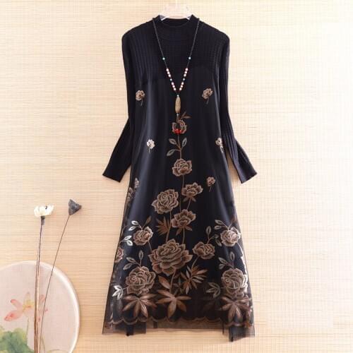 High-end Autumn Knit Patchwork Mesh Dress Elegant Vintage Embroidery Floral O-neck Loose Lady A-line Party Dress S-XXL