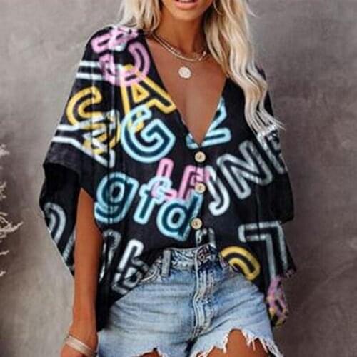Beach Style Summer Women Blouse Sexy V Neck Floral Print Loose Shirts Button Batwing Sleeve Fashion Female Blouse