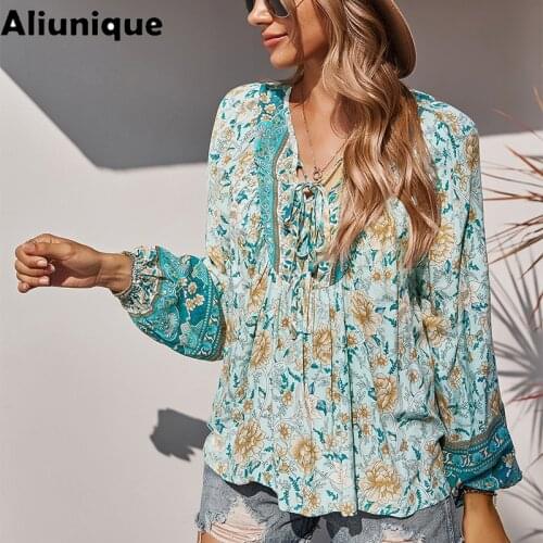 Aliunique Trendy New V-neck Print Casual Chiffon Shirt For Women 2021 Summer Fashion Design Lady Loose Long Sleeve Vacation Top