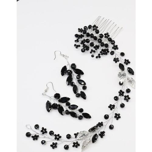 Women Black Hair Accessories Earrings Set Rhinestone Crystal Headband Bridal Hairband Exotic Wedding Hair Comb Fascinators