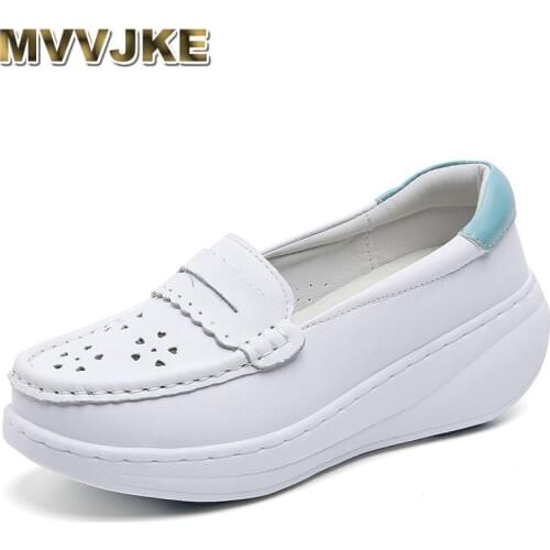 MVVJKE Fashion White Split Leather Shoes Cutout Breahable Womens Flats Shoes Fitness Ladies Loafers Flats Platform Sneakers New