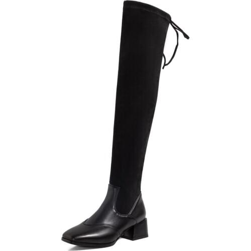 Thick Heel Square Toe PU Stitching Flock Over-The-Knee Boots Comfortable And Warm Long-Tube Womens Boots Socks Shoes