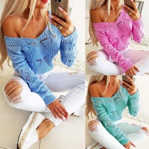 2020 Women Autumn Solid Color Long Sleeve Hollow Out Knitted Sweater Pullover Slim Ladies Knitted Sweater