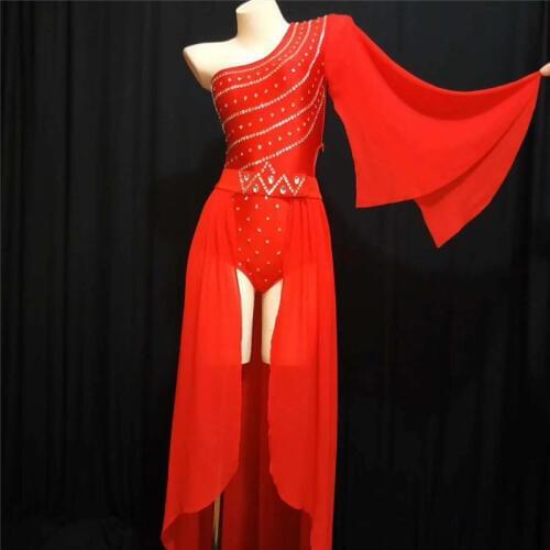R50 Red sexy dress female ballroom dance bodysuit stage performance catwalk show jumpsuit dj skirt party wears outfits costumes