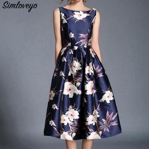 SIMLOVEYO Women Elegant flower Print Summer Dress Ladies Sleeveless bohemia A line Dress Patchwork High Waist vestidos Dresses