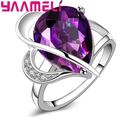 Latest Elegant Jewelry 925 Sterling Silver Cubic Zirconia Purple Water Drop Party Wedding Woman Ring Gift