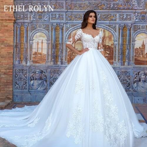 ETHEL ROLYN White Satin Wedding Dresses 2021 Princess Half Sleeve Bride Dress Lace Appliques Beaded Button Elegant Wedding Gowns