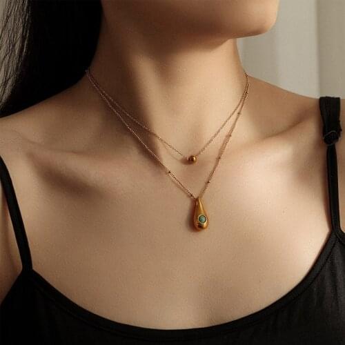 Vintage Blue Stone Water Drop Charm Pendant Necklace For Women Stainless Steel Multi Layer Beaded Chain Choker Collar Necklaces