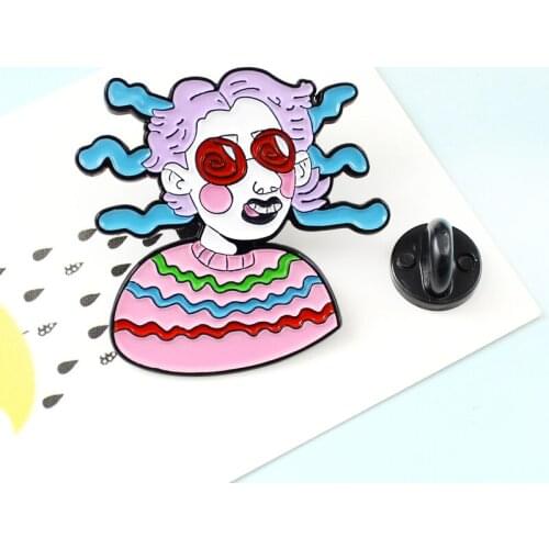 Colorful Medusa Cartoon Female Buck Teeth Red Glasses Image Purple Blue Curly Hair Pattern Wave Sweater Pins Brooches For Women