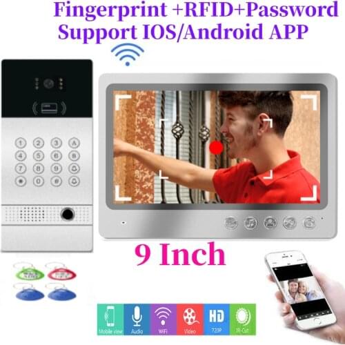 App Remote Unlock IP Network Video Intercom 9" Monitor WIFI Video Door Phone Doorbell Metal Case Fingerprint RFID Camera System