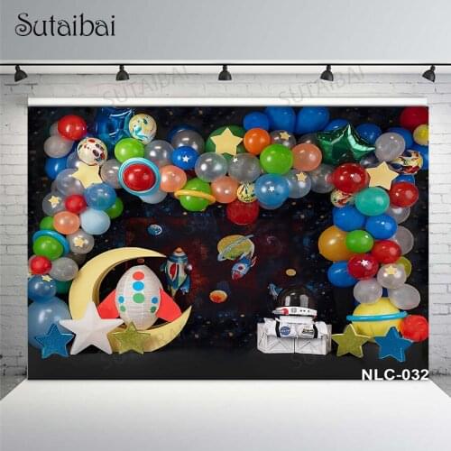 Space Theme Backdrop Photography Kids Birthday Balloon Party Cake Smash Decor Prop Planet Galaxy Astronaut Moon Photo Background