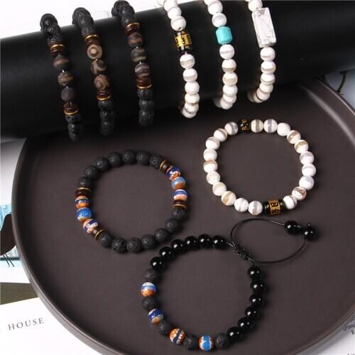 Faceted Tibetan Dzi Agat Bracelets Men Black Lava Stone Beads Bangle Buddhism Wood Spacer Charm Pulsera Women Vintage Jewelry