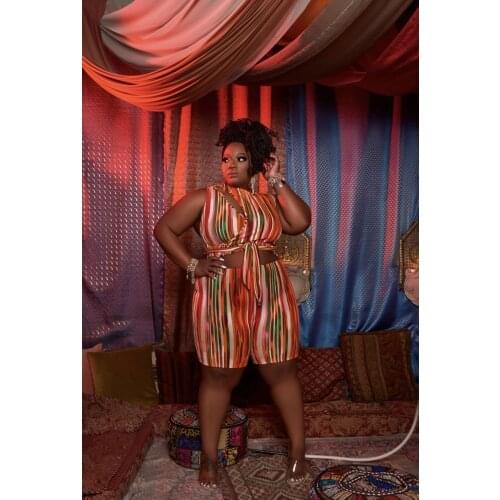 ChocoMisty-LadyPlus Plus-size Jumpsuits & Rompers Hollow Out Stripe Print Lace-up Romper J1176