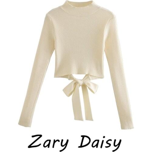 Zary Daisy Spring Short Style Tight Back Bind Knitwear, Womens Round neckline, Solid Color Pullover, Long Sleeve, Backrest Swea