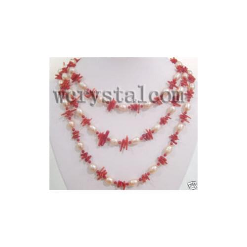 Red Coral Branch Pink Pearls Necklace 48" Long