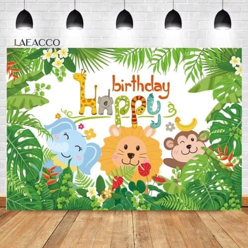 Laeacco Watercolor Wild Birthday Party Jungle Cartoon Baby Poster Photo Background Photography Background Photo Studio Photo