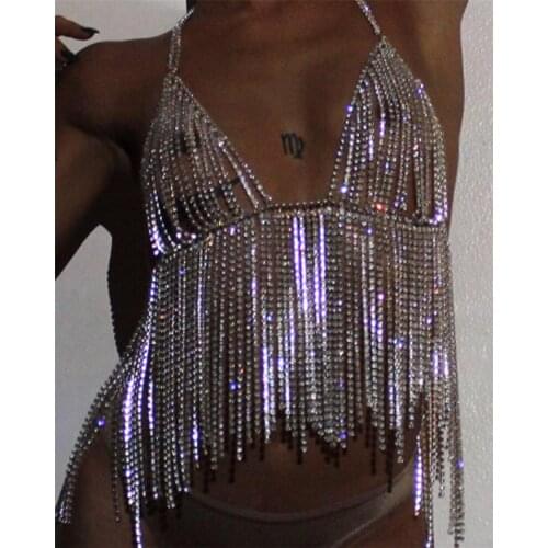 Summer SIlver Gold Bling Rhinestone Body Chain Women Halter Metal Tassel Fringe Body Chain Nightclub Sexy Bra Strap Body Jewelry