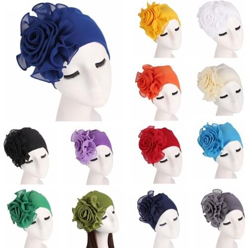 Fashion Stretch Beanies With Big Flower Turban Head Wrap Chemo Hat Women Solid Color Hijab Bamboo Fiber Stretch Headscarf Hat