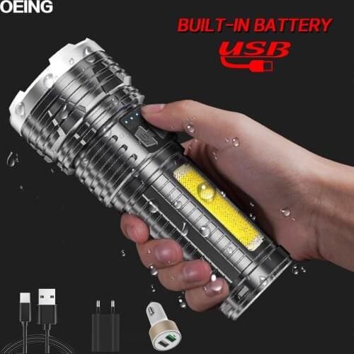 Powerful LED Rechargeable Flashlight Camping Light COB Side Light Built-in Battery Waterproof Hand Torch Portable Power Display