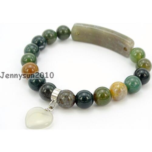 Natural Indian Ag-ate Gems Stone Heart Bar Round Beads Stretchy Bracelet Healing Reiki Chakra 5Strands / Pack