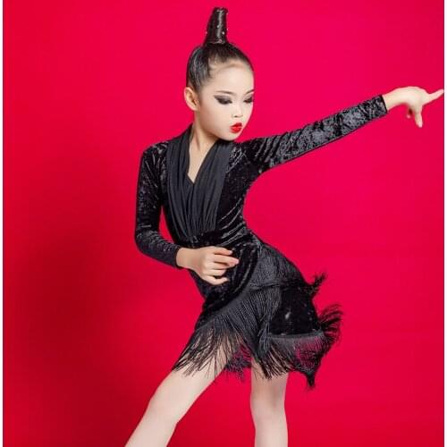 New Children Girls Fashion Fringe Latin Dance Clothes Costume Black Red Stage Performance Clothing Ballroom Salsa Tango Dresses