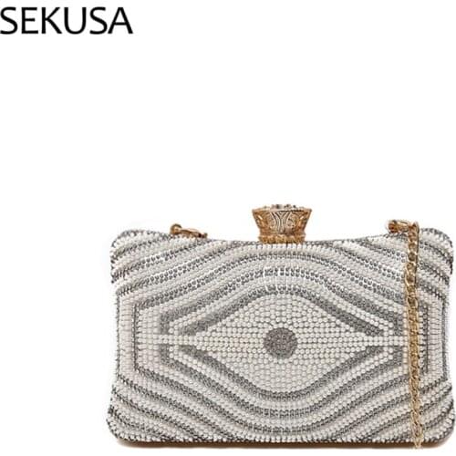 Pearl Diamonds Luxury Evening Bags Rhinestones Beading Shoulder Day Small Clutch Purse Metal Golden Purse