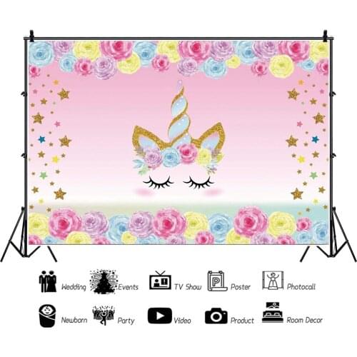 Pink Unicorn Colorful Roses Children Backdrops Photography Background Banner Kids Birthday Party Decor Poster Studio Shooting