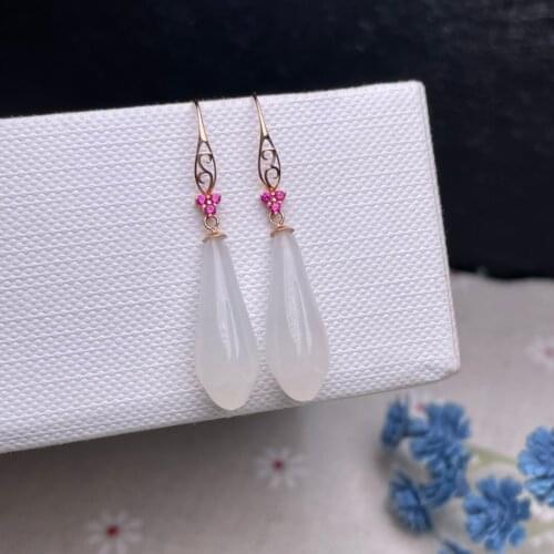 SHILOVEM 18k yellow gold real Natural white Jasper drop earrings classic fine Jewelry women wedding 8*16mm myme08186611hby