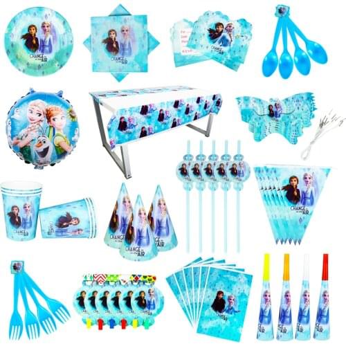 High Quality Disney Frozen Balloon Paper Cups Plates Flag Bags Tablecloth Baby Shower Decorations Girl Birthday Party Supplies