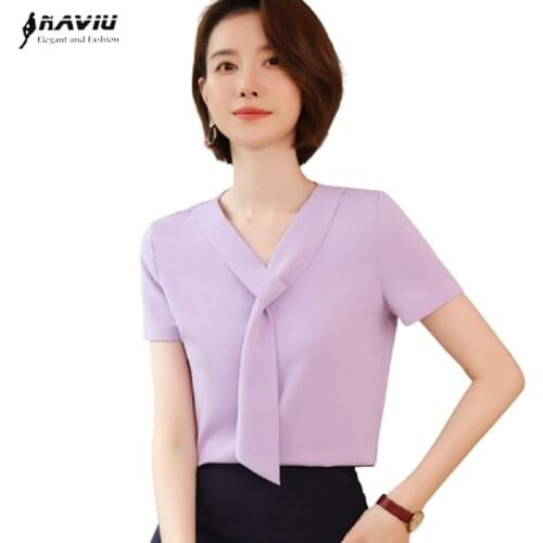 Naviu 2021 New Fashion Short-Sleeved Shirt Women Summer Large Size V-Neck With Ribbon Chiffon Blouses