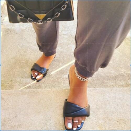 Black White Shoes Woman Cross Tied Sandals All Match Square Toe Comfortable Slides Casual Flat Sandals Femme 2021 Mules Footwear