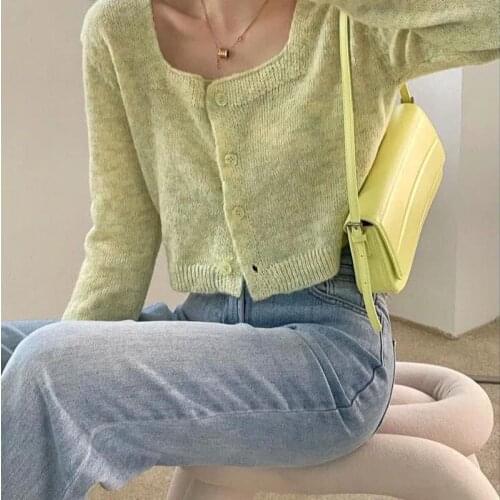 Avocado Green Mohair Knitted Cardigan Women Japanese Spring Autumn Crop Sweater Jacket Fashion Square Neck Long Sleeve Tops