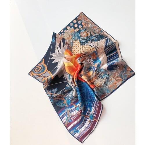 100% Silk Scarf Women Fashion Kerchief Bandana Aztec Style Forest Jungle Night Headscarf Small Square Hairband 53*53cm