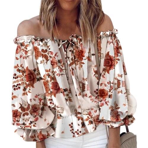 2021 Blouses Women print Casual Off Shoulder Blouse Shirt Tops Plus Size Blouse Women One Neckline Pleated Elastic Ladys Shirt