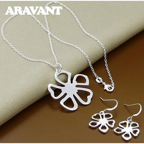 925 Silver Fashion Flowers Pendants Necklace Earrings Wedding Jewelry Set For Women