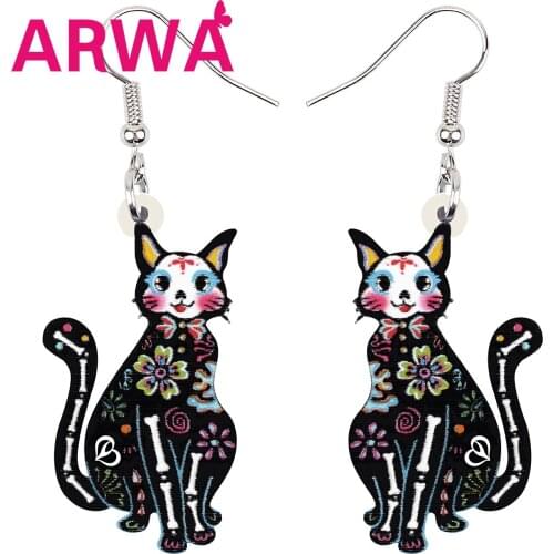 ARWA Halloween Acrylic Sweet Flowers Skull Cat Earrings Trendy Skeleton Drop Dangle Gifts Jewelry For Women Girl Teens Charms
