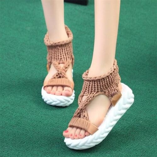Women Knitting Platform Sandals 5 cm Flat Heel Slip-on Ladies Sandals 2020 Summer Female Absorption Ankle Shoes Brown 34-41