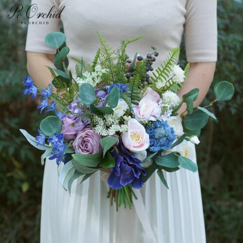 PEORCHID Real Touch Blue Wedding Bouquet Artificial Anemones Rose Flowers Bridal Bouquet Ramo Novia Azul Handmade Bouquet 2019