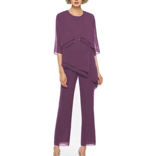 Purple Mother Of The Bride Dresses Sheath Half Sleeves Chiffon With Pants Suit Long Groom Mother Dresses For Weddings