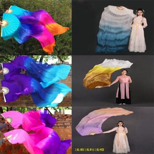 Hot-Sell 1Pair(1L+1R) BellyDance Silk Fan Veils Hand Dye Multicolor Gradient Fan Veil Professional Stage long Fan Promotion