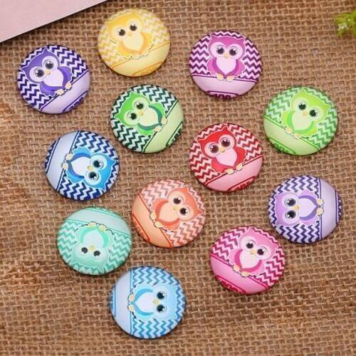 24pcs 10mm Cartoon Owl Pattern Round Handmade Photo Glass Cabochons & Glass Dome Cover Pendant Cameo Setting Jewelr Accessories