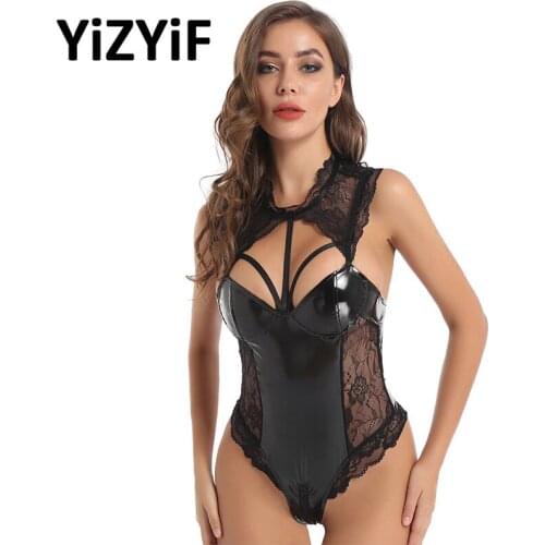 Lace Patchwork Patent Leather Sexy Lingerie Bodysuit Women Latex Erotic Costumes Zipper Open Crotch Underwear Nightwear Clubwear