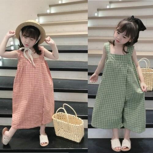 Girls' Summer Jumpsuit Plaid Sling Square Collar Overalls Fashion 2021 New Wide Leg Pants Baby Kids Clothes ChildrenS Clothing