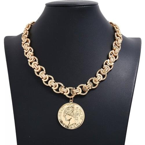Exaggerated retro head Coin Necklace Fashion thick chain big brand pendant hot new