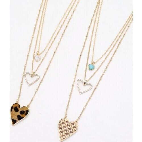 Fashion Heart Leopard Print Pendant Necklace Three Layers Gold Links Howlite Necklace Women Necklaces