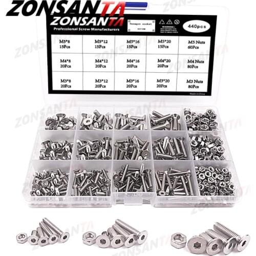 ZONSANTA 440pcs Hex Socket Flat Head Screws Bolts and Nuts Set M3 M4 M5 304 Stainless Steel Mechanical Bolt Furniture Screws