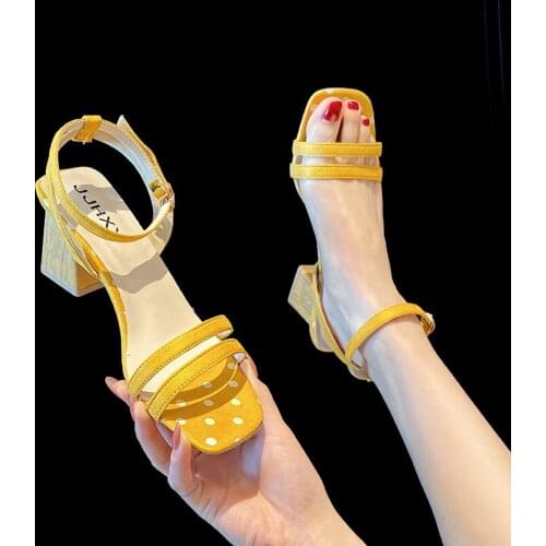 New 2021 Summer Sandals Knitted Buckle Fish Mouth Ankle Strap 4cm Middle Heel Yellow Green Black Beige Large Size 42